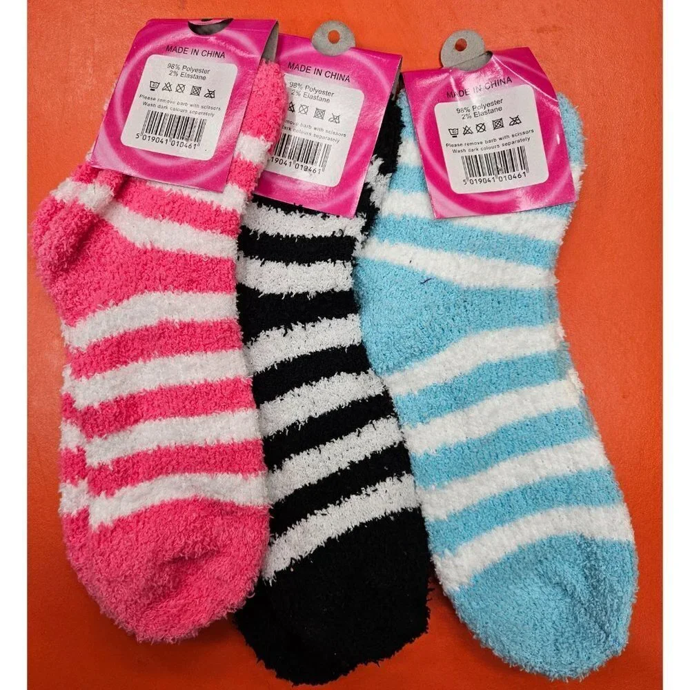 3 x Women Slipper Fuzzy Socks 9-11 Super Soft Winter Non-Skid Cozy Stripe,  NWT